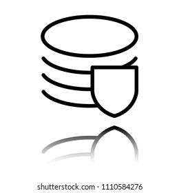 Simple protect of database. Linear, thin outline. Black icon with mirror reflection on white background