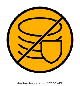 Simple protect of database. Linear, thin outline. not allowed, black object in warning sign with orange background color