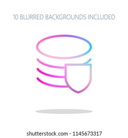 Simple protect of database. Linear, thin outline. Colorful logo concept with simple shadow on white. 10 different blurred backgrounds included