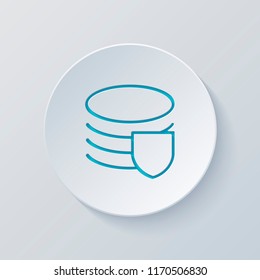 Simple protect of database. Linear, thin outline. Cut circle with gray and blue layers. Paper style