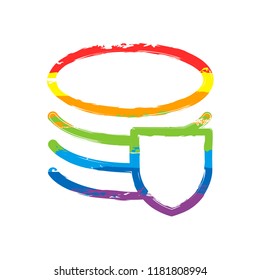 Simple protect of database. Linear, thin outline. Drawing sign with LGBT style, seven colors of rainbow (red, orange, yellow, green, blue, indigo, violet