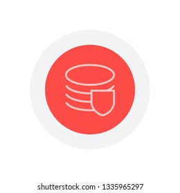 Simple protect of database. Linear, thin outline. Icon in colored circle with gray bold border. Web button, modern flat design