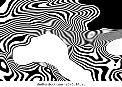 Fluxo psicodélico simples. Arte abstrata com um padrão listrado em preto e branco minimalista. Eps 10