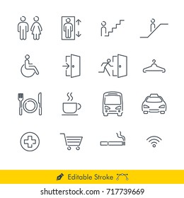 Simple Public Navigation Signs Icons / Vectors Set - In Line / Stroke Design with Editable Stroke