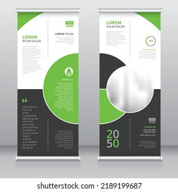 Simple Pull Up Banner Design Template With Lime Green And Black Colored Circles, Roll Up Banner, Standee Template, X-banner Template