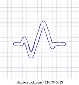 Simple pulse icon. Hand drawn picture on paper sheet. Blue ink, outline sketch style. Doodle on checkered background