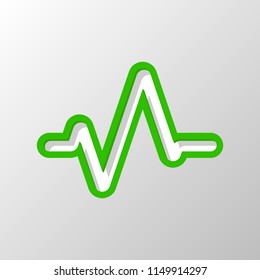 Simple pulse icon. Paper style. Cut symbol with green bold contour on shape and simple shadow