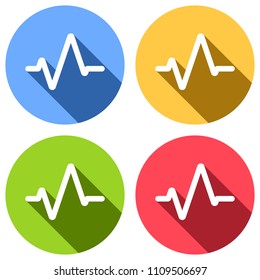 Simple pulse icon. Set of white icons with long shadow on blue, orange, green and red colored circles. Sticker style