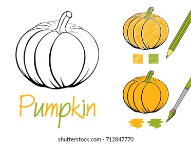 Simple pumpkin black and white vector illustration for children and adults. Coloring page for the book. Examples of coloring with a pencil and paints. Hand drawn style. Closed contours. Two color