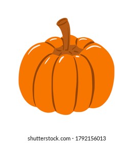 Simple pumpkin in a flat style. A ripe vegetable, a symbol of fertility, harvest, and autumn. Hand-drawn and isolated on a white background. Color vector illustration