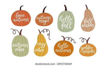 Simple pumpkin lettering set. Autumn set of hand drawn cute and cozy design elements. Fall, Pumpkin season. 