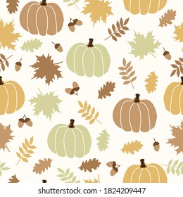 Simple pumpkin pattern. Cute pumpkins and autumn leaves. White background. Vector texture. Elegant print for the banner.