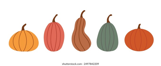 Simple pumpkin set. Hand drawn vector illustration. Autumn set of cute and cozy design elements. Fall, Thanksgiving Day, Autumn season.