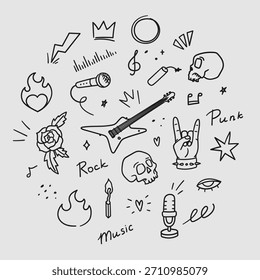 Ilustraciones simples de punk rock. Estilo doodle dibujado a mano.