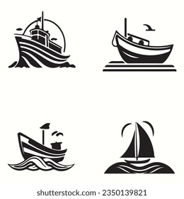 Simple pure fruit boat icons various marine pictograms, and black and white silhouettes.