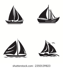 Simple pure fruit boat icons various marine pictograms, and black and white silhouettes.