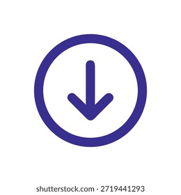 Uma seta roxa simples apontando para baixo, delimitada por uma forma circular contra um plano de fundo branco em estilo plano.