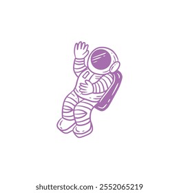 Simple purple astronaut illustration with a waving gesture, featuring clean lines and a minimalist design on a white background.