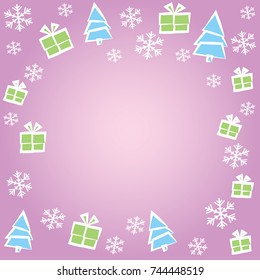 Simple purple background of Christmas tree, gift box and snowflakes with some space on the middle.
