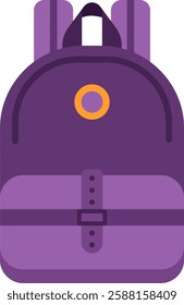 Simple purple backpack featuring an orange circle design and a front pocket secured by a strap and buckle closure, ideal for students or travelers