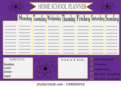 Simple purple, black and yellow Home school student weekly planner with the days of the week, notes, and menu 