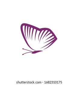Plantilla de diseño simple con el logotipo de mariposa morada. Icono colorido aislado en fondo blanco. Vector limpio y moderno puede ser utilizado para la web. Blootipo, signo y símbolo de insecto gráfico. Ilustración de etiqueta de vuelo.