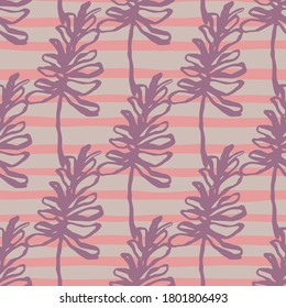 Simple purple contoured branch shapes seamless pattern. Pink and grey stripped background. Great for wallpaper, textile, wrapping paper, fabric print. Vector illustration.