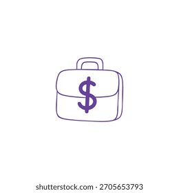 Un simple dibujo púrpura muestra un maletín con un signo de dólar sobre él, sobre un fondo blanco.