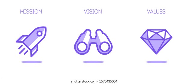 Simple purple flat icon with rocket, binocular and diamond for visualisation of Mission, Vision and Values of company