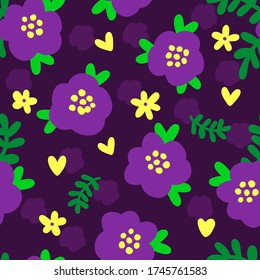 Simple purple flowers on a purple dark background. Abstract floral pattern for textiles, fabric, background, packaging paper, Wallpaper.