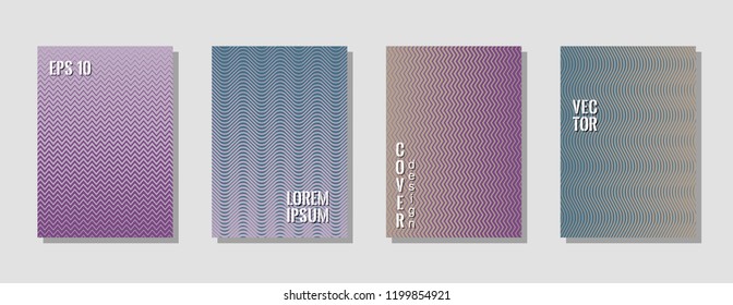 Simple purple green zig zag banner templates, wavy lines gradient stripes backgrounds for scientific cover. Curve shapes stripes, zig zag edge lines halftone texture gradient flyers set.