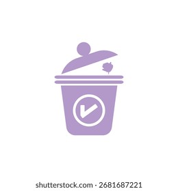 A simple purple icon of a trash can with a lid ajar, showing a check mark inside a circle, symbolizing cleanliness and successful disposal.