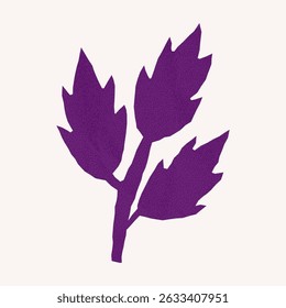 Simple purple leaf silhouette with jagged torn edges. Textured crumpled paper with halftone overlay, perfect for minimal collage aesthetics.