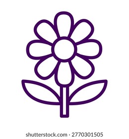 A simple purple line drawing of a daisy with two leaves