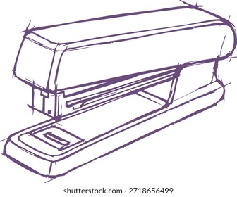 Dibujo de línea púrpura simple de una grapadora de escritorio en ángulo con tres cuartos con la garganta abierta visible.