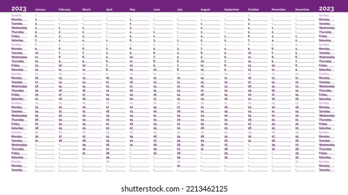 Simple purple linear calendar yearly planner template for 2023 with vertical month grid and highlighted sundays. Wall monthly cycle planner in a minimalist style. Agenda organizer. Vector illustration