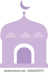  Mesquita roxa simples com lua crescente no topo em um estilo minimalista plano, ideal para temas islâmicos como Ramadã, Eid ou visuais de oração.