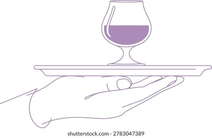 Simple Purple Outline Of A Hand Holding A Serving Tray With A Glass Of Alcohol Beverage