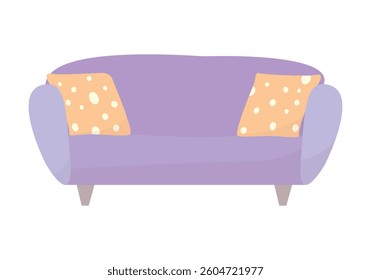 Simple purple retro sofa with pillows. Flat design. Minimalism.