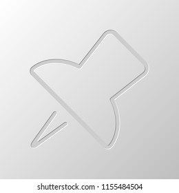 Simple push pin. Linear icon, thin outline. Paper design. Cutted symbol. Pitted style