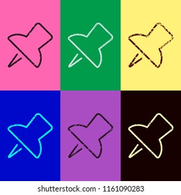 Simple push pin. Linear icon, thin outline. Pop art style. Scratched icons on 6 colour backgrounds. Seamless pattern