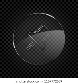 Simple push pin. Linear icon, thin outline. Icon in circle glass bubble on dark transparent grid. Glass style