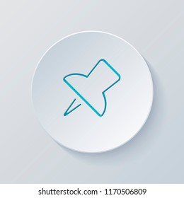 Simple push pin. Linear icon, thin outline. Cut circle with gray and blue layers. Paper style