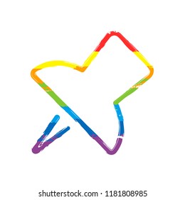 Simple push pin. Linear icon, thin outline. Drawing sign with LGBT style, seven colors of rainbow (red, orange, yellow, green, blue, indigo, violet