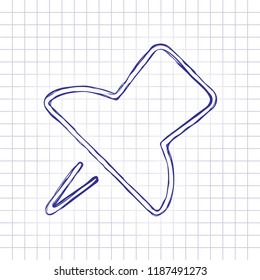 Simple push pin. Linear icon, thin outline. Hand drawn picture on paper sheet. Blue ink, outline sketch style. Doodle on checkered background