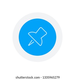 Simple push pin. Linear icon, thin outline. Icon in colored circle with gray bold border. Web button, modern flat design