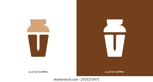 Simple Pushpin Coffee Logo. Coffee Cup and Negative Space Pushpin Icon Graphic. Food and Drinks Logo Design Template.