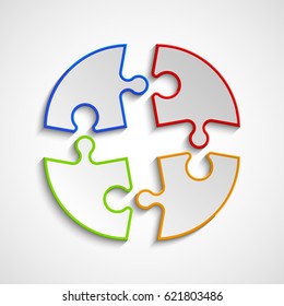 Simple Puzzle four piece round business presentation. Circle outline infograph. 4 Step contour process diagram. Section line compare banner.
