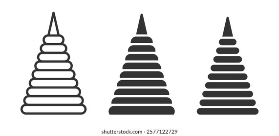 Simple pyramid toy icon with stacking rings in black and white.