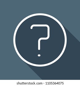 Simple question in circle. Linear, thin outline. White flat icon with long shadow on background